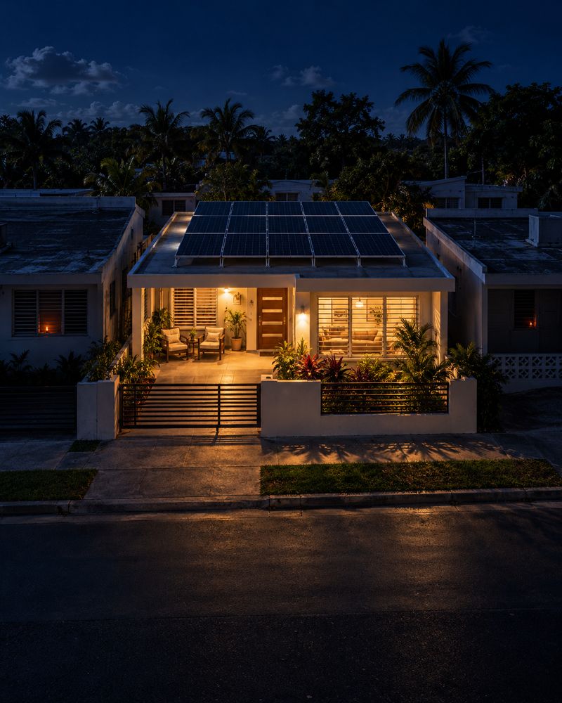 Casa en Puerto Rico con placas solares y batería que mantiene la luz encendida durante un apagón